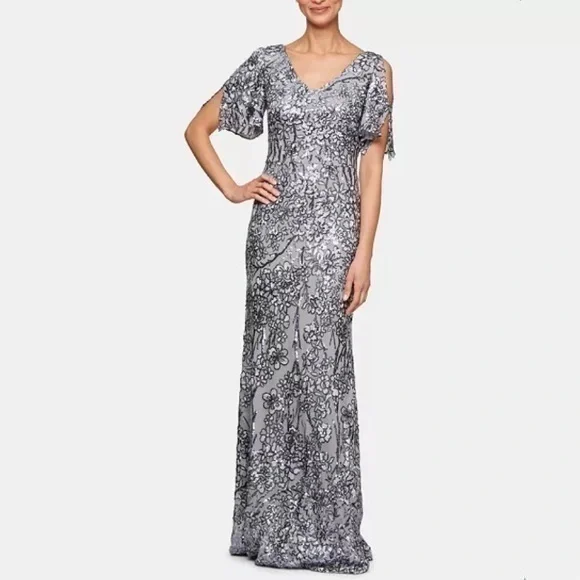 Alex Evenings Sequinned Cold-Shoulder Gown in Silver - Picture 1 of 11